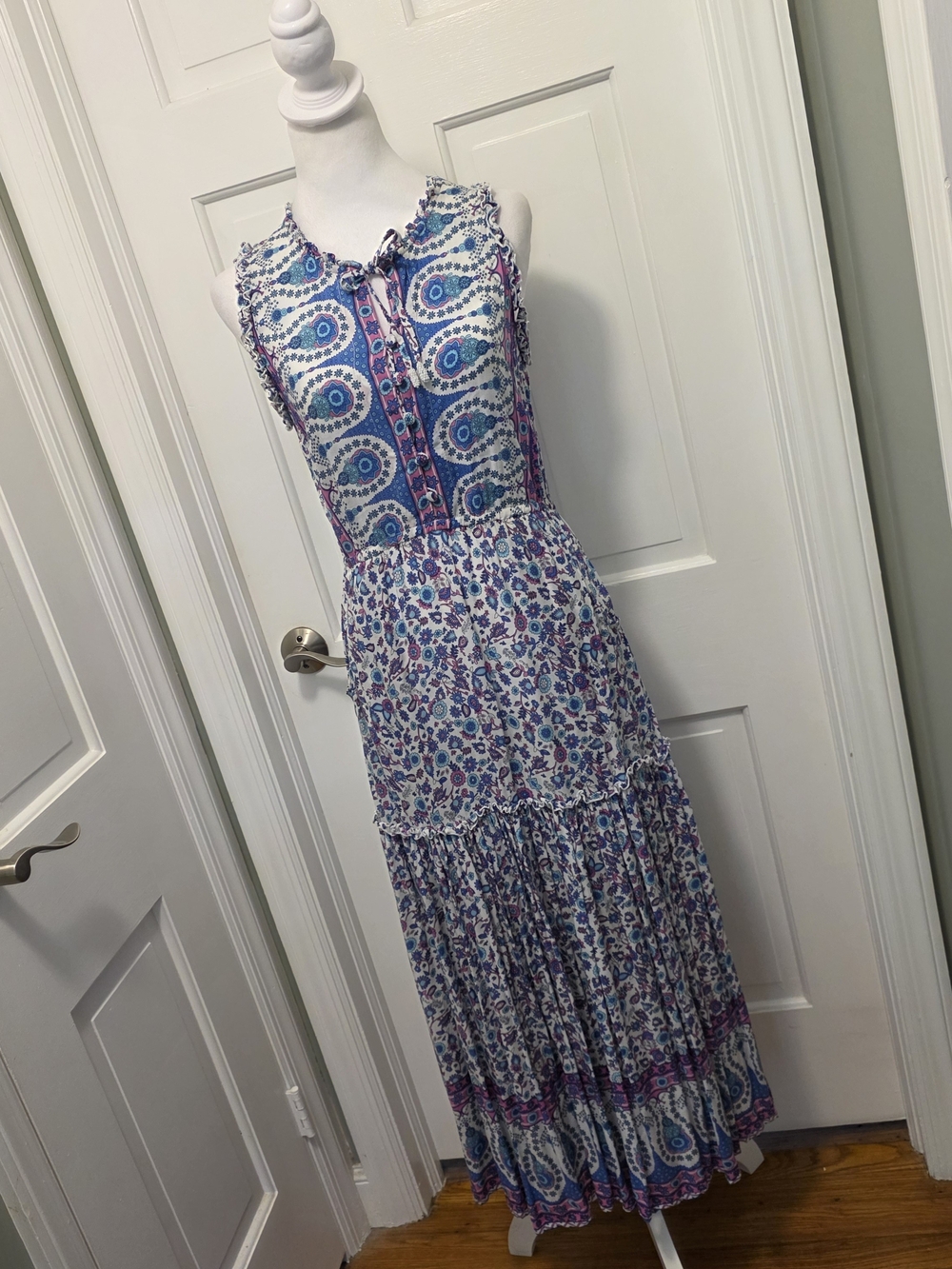 Sleeveless Paisley Tiered Maxi Dress in Blue and Purple